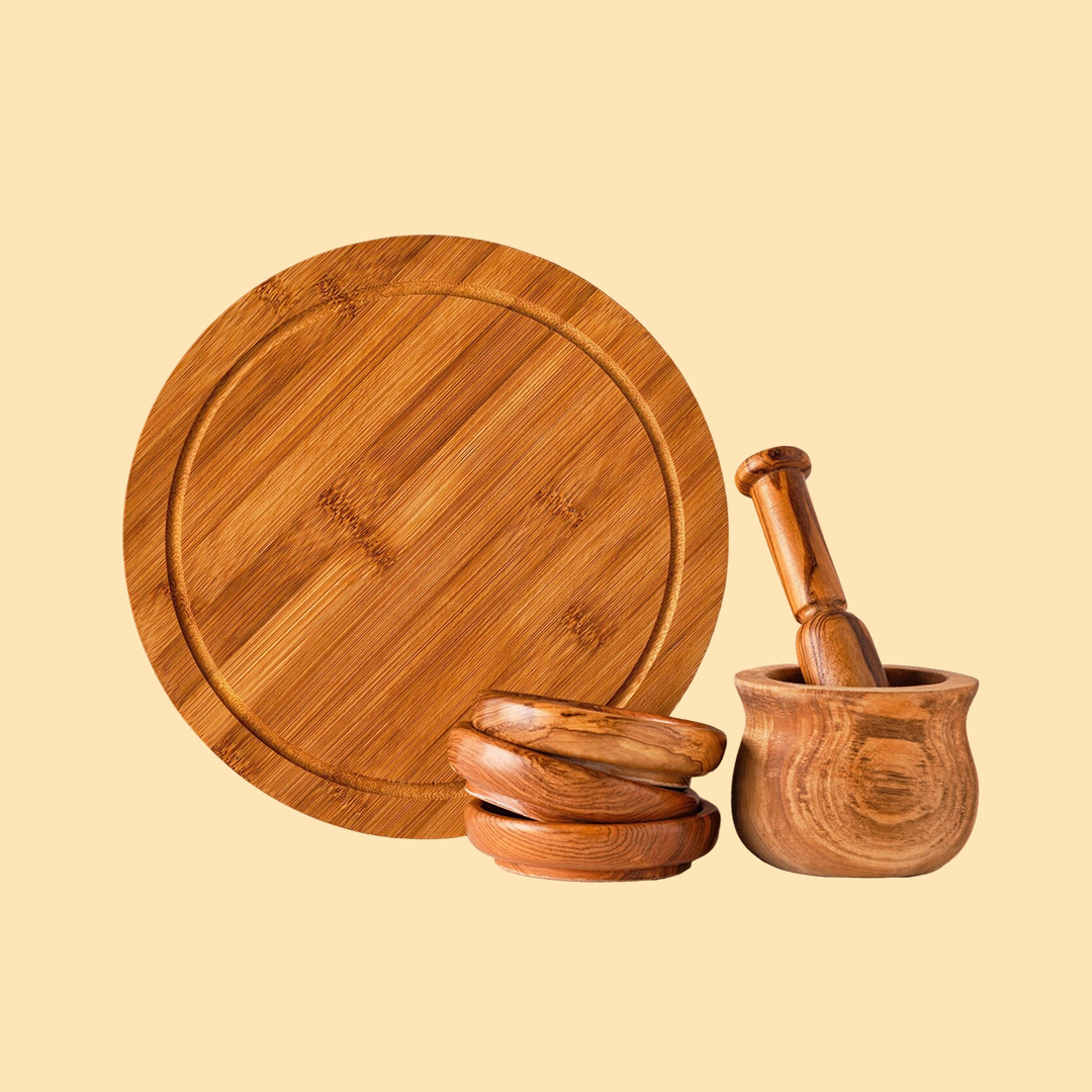 Set de Cuisine Artisanale en Bois d'Olivier – Planche à Découper, Mortier Pilon et Bols Uniques Faits Main du Cameroun
